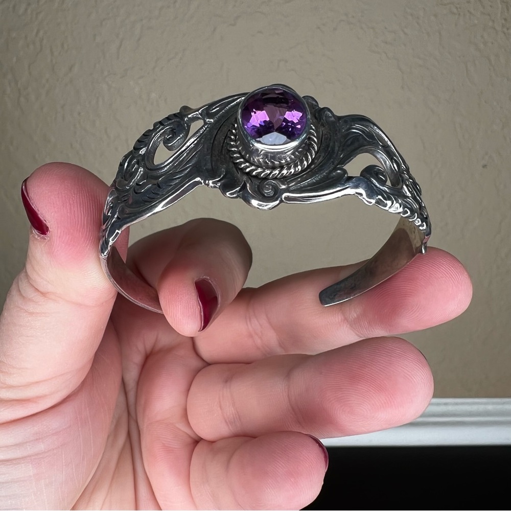 Vintage Sterling Silver and Amethyst Cuff, Ornate Bracelet, February Birthstone - Picture 2 of 10
